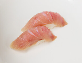 Hamachi sushi, raw fish nigiri isolated on white background