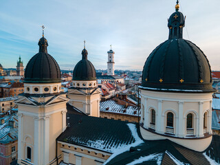 Fototapeta na wymiar aerial view of lviv city hall on sunset