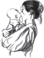 Hand brush sketch of mother with child. Vector illustration.