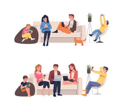 People Character with Digital Device Sitting on Sofa and Armchair Suffering from Internet Addiction Vector Set