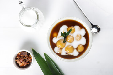 Bubur candil, made from sticky rice flour, brown sugar, rice flour, and coconut milk. Very popular during Ramadhan for takjil in Indonesia and for juadah in Malaysia. 