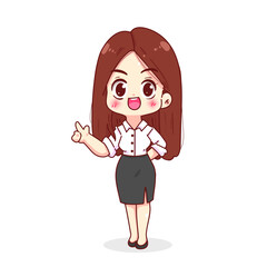 Woman smiling and pointing to empty copy space business woman character hand drawn cartoon illustration