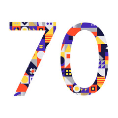 Fototapeta premium Number 70 from multicolored geometric shapes isolated on white. Neo geo