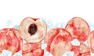 水々しいモモの手描き水彩風パターンイラスト