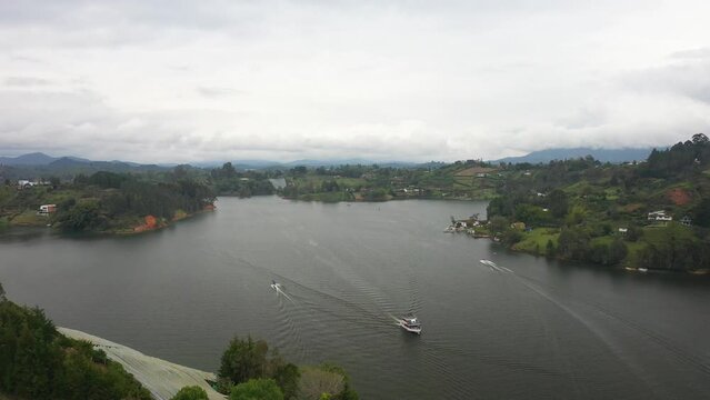 Aerial view of boats on lake in Colombia