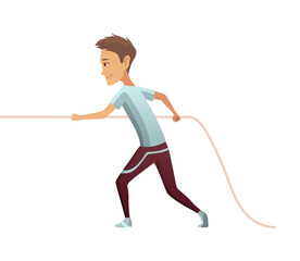 Kid pulling rope. Boy game tug of war, children competition, happy boy play outdoors, equal and counteracting forces. Concept of sports activity for kids