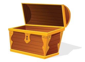 Chest. Empty old wooden chest for gold treasure. Cartoon ancient container for pirates isolated vector icon on white. Game wooden antique box for treasure