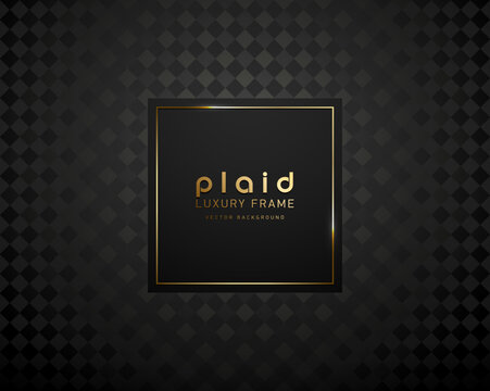 Black square with golden thin frame luxury banner. Golden text on black square label frame. Dark geometric plaid pattern background. Black friday vector illustration
