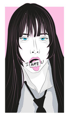 A girl with an indifferent expression on her face with her tongue sticking out on a torn piece of paper with the inscription hate. Vector illustration