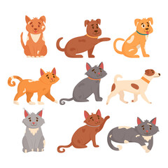 Set of cute dogs and cats in different poses. Funny dogs and cats isolated on white background. Flat vector illustration