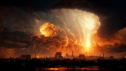 Huge Explosion Above City Skyline Apocalyptic Sky Spectacular Art Illustration. Global War Apocalyptic Background. Digital Painting AI Neural Network Computer Generated Art Apocalypse Wide Wallpaper - obrazy, fototapety, plakaty