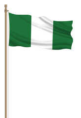3D Flag of Nigeria on a pillar blown away isolated on a white background.