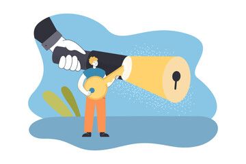 Hand with flashlight searching solution, right direction. Tiny man holding key to keyhole in light flat vector illustration. Opportunity concept for banner, website design or landing web page