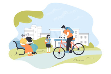 Schoolboy with backpack riding bike on road from school. Boy cycling, elderly couple sitting on park bench flat vector illustration. Lifestyle concept for banner, website design or landing web page