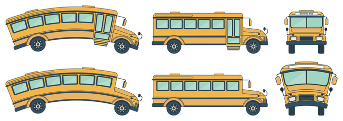 Set of yellow school bus side, front and back view.