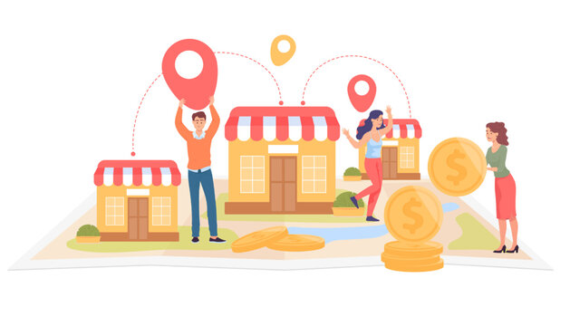 Small shops owners holding location pins on map. Small company or restaurant people with gold coins people flat vector illustration. Development, franchising, finances, marketing concept for banner