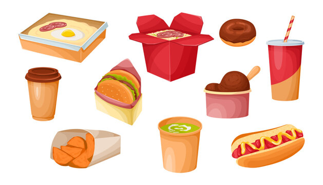 Different takeaway food vector illustrations set. Cartoon drawings of take-away lunch boxes or meals, coffee cups, burger or sandwich isolated on white background. Fast or takeaway food concept