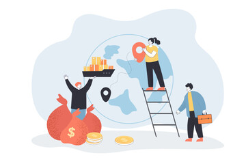 Business people holding location pin and tiny cargo ship. Male and female characters working in logistics flat vector illustration. Delivery concept for banner, website design or landing web page