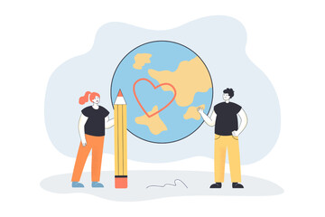 People drawing heart on globe with pencil. Man and woman saving environment of planet with love flat vector illustration. Earth day, ecology concept for banner, website design or landing web page