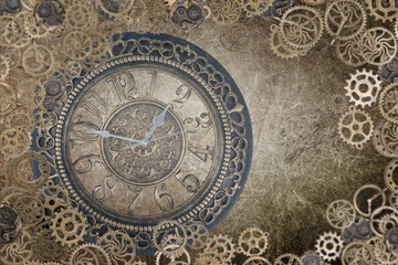 steampunk clock wear backdrop brown grunge - obrazy, fototapety, plakaty