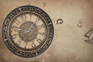 Fototapeta na wymiar steampunk clock time backdrop brown written paper
