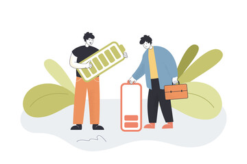 Tiny business people holding battery with low and high energy. Positive and sad male office workers flat vector illustration. Burnout, recharge concept for banner, website design or landing web page
