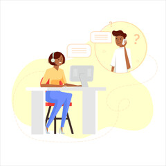 Call center assistants, support call center people working in office, customer service, call center, hotline flat vector illustration. Online global technical support 24 to 7. Hotline operator advise