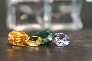 Natural Sapphire gemstone, Jewel or gems on black shine color, Collection of many different natural gemstones amethyst,
