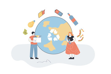 Activists holding boxes with trash near planet Earth. Man and woman sorting garbage for recycling flat vector illustration. Pollution, ecology concept for banner, website design or landing web page