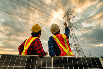 Asian electrical engineers inspect natural renewable energy solar panels in engineering and...