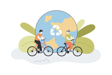 People riding bikes near tiny Earth globe with recycling sign. Man and woman using eco transport flat vector illustration. Ecology, development concept for banner, website design or landing web page