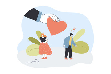 Hand holding red heart between unhappy couple in quarrel. Tiny man and woman quarreling flat vector illustration. Love, divorce, separation concept for banner, website design or landing web page