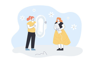 Tiny girls holding personal feminine hygiene products. Female characters with tampon and sanitary pad flat vector illustration. Menstruation concept for banner, website design or landing web page © Bro Vector