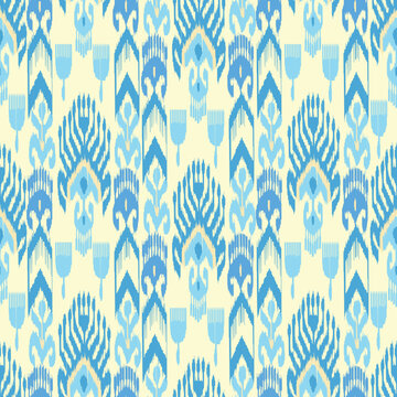 Pastel blue and yellow color digital ikat pattern for fabrics - traditional Uzbek ornament for silk fabrics. Textile product. Uzbekistan culture. 
