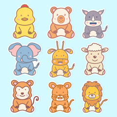 cute animal illustration flat sticker with bright color.