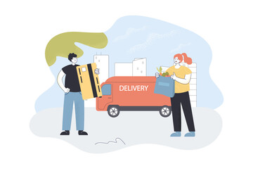 Customer paying for delivery of food to courier on van. Tiny man holding credit card flat vector illustration. Contactless payment, order concept for banner, website design or landing web page