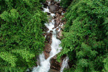 beautiful nature landscape krating waterfall in the rainy season and refreshing greenery forest in the national park of khoa khitchakut chanthaburi province thailand. aerial view