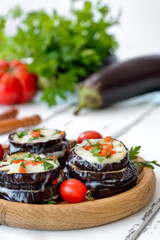 Parmigiana di melanzane. Baked eggplant, tomatoes and cheese. Italy, sicily cousine. Vertical view