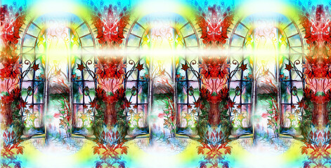 Fototapeta na wymiar Watercolor drawing, stylization. The door to the Autumn Garden. A magical, fabulous forest. A sunny dawn in the autumn grove.