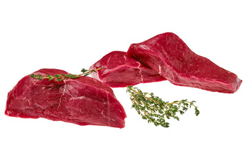 Raw boneless strip steak on white background