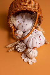 White decorative hand made pumpkins with shiny stones and pine cones in basket on colored background. Thanksgiving day