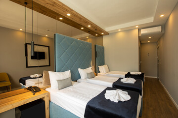 Interior of a double bed hotel bedroom