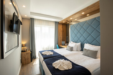 Interior of a double bed hotel bedroom