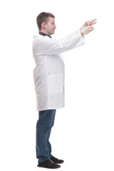 happy male doctor with a laboratory flask.