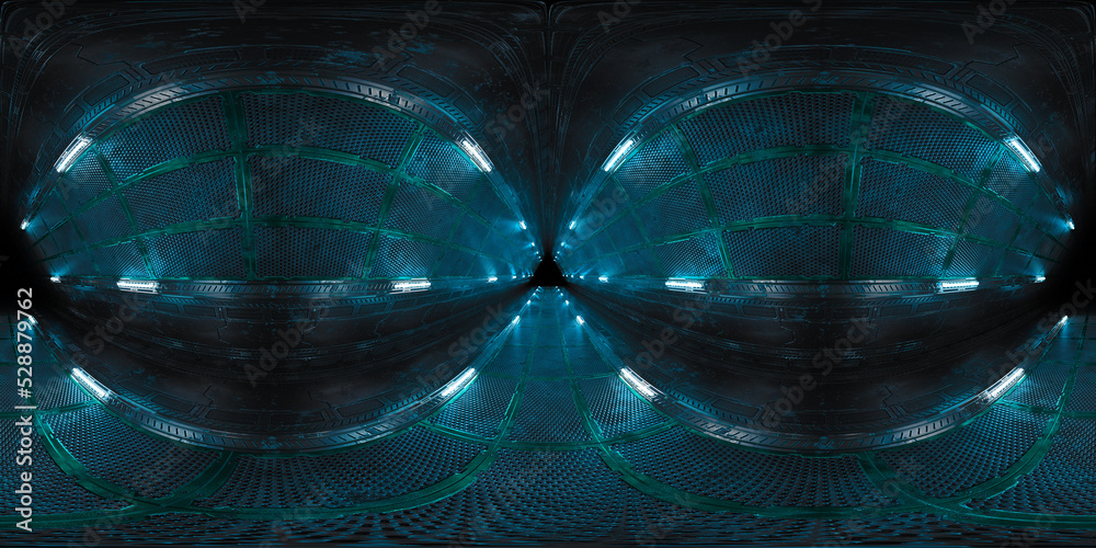 Poster Futuristic Hdri interior corridor with blue neon lights. 360 degree panoramic view of triangle shaped spaceship background. Cyber room environment with tunnel and lit path way. 3d rendering
