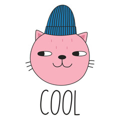 Cute cat in a winter hat and lettering COOL. Doodle style. Vector illustration