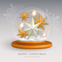 Christmas holiday snow globe with 3D Christmas star. Merry Christmas and Happy new Year background. Vector illustration