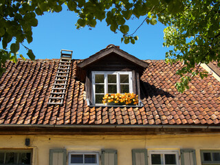 old building, tiled roof and skylight.