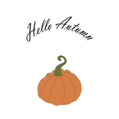 orange pumpkin illustration, lettering hello autumn. autumn harvest illustration