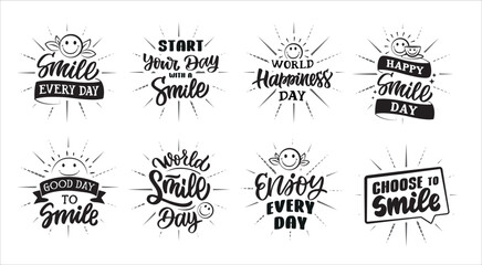 The set of lettering badges about smile day. The quotes with rays